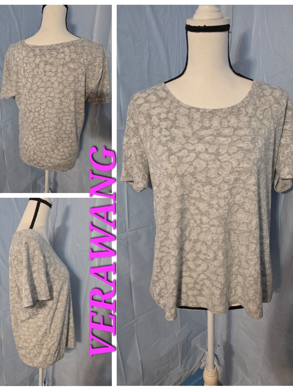 Simply Vera Wang Gray Short Sleeve Scoop Neck Animal Print Top
